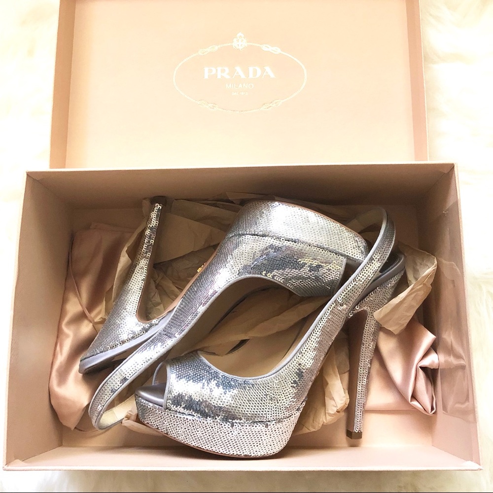 ❌SOLD❌ Prada Sequin Embellished Peep Toe Heels - Picture 2 of 8